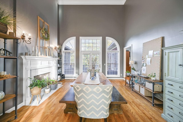 living area featuring a tile fireplace, wood finished floors, a towering ceiling, and crown molding