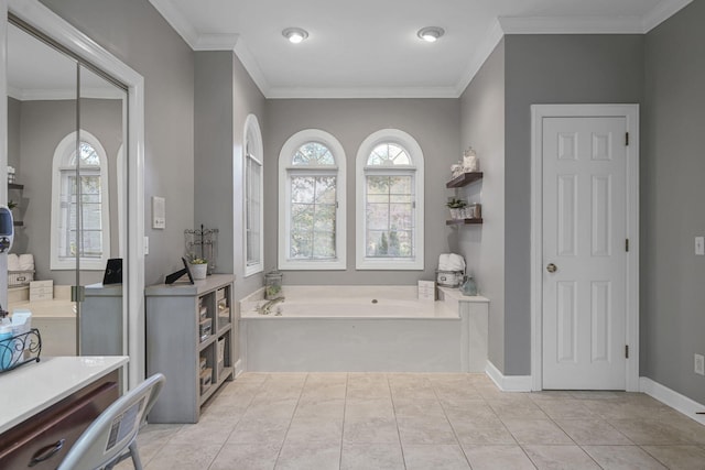 full bathroom featuring crown molding, tile patterned floors, plenty of natural light, and a bath