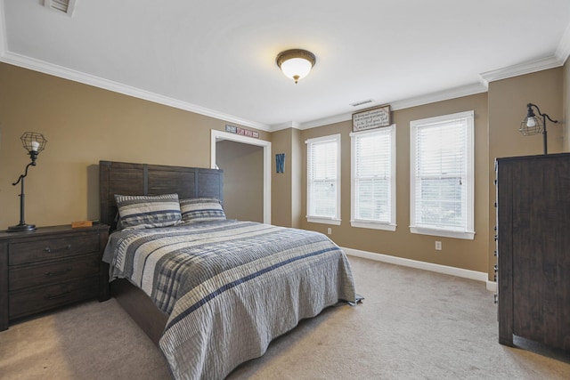 bedroom featuring visible vents, baseboards, crown molding, and light colored carpet