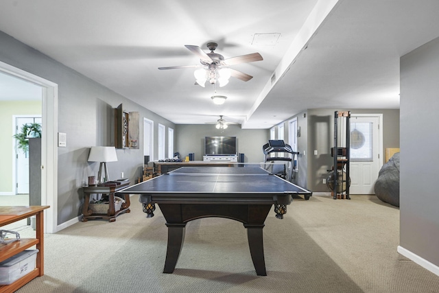 game room featuring ceiling fan, baseboards, and carpet flooring