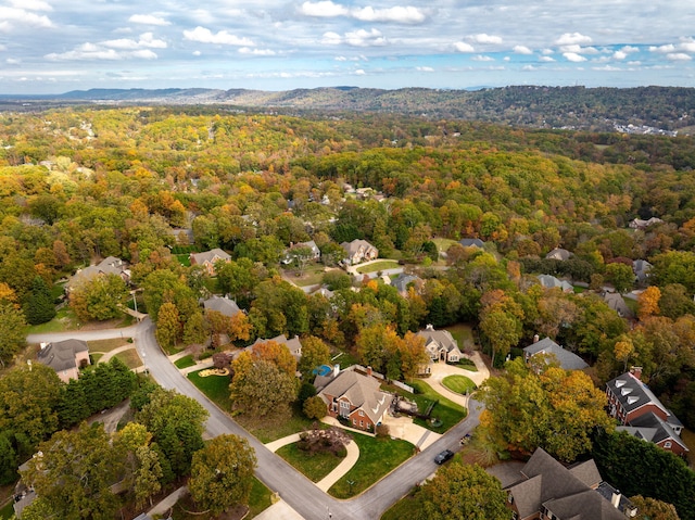 birds eye view of property featuring a residential view and a wooded view