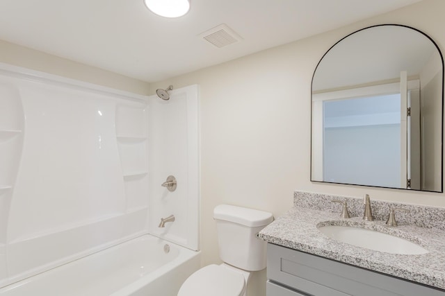 full bathroom with visible vents, vanity, toilet, and bathing tub / shower combination