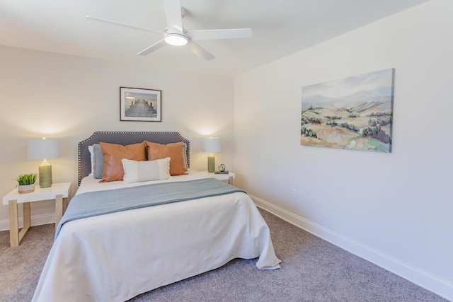 bedroom featuring ceiling fan, baseboards, and carpet flooring