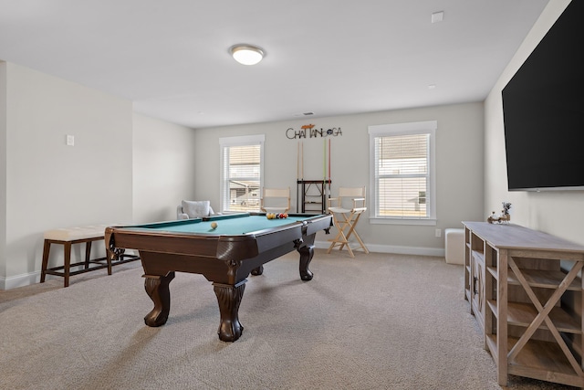 game room with plenty of natural light, light carpet, and billiards