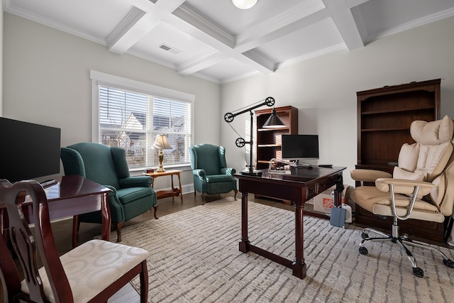 office space featuring beam ceiling, crown molding, coffered ceiling, and light hardwood / wood-style floors