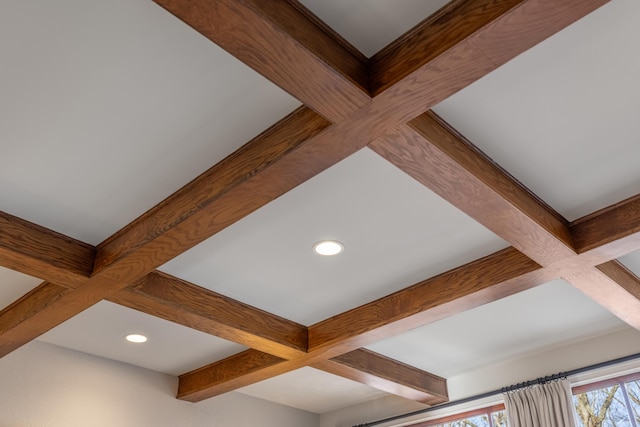 room details with beamed ceiling, coffered ceiling, and recessed lighting