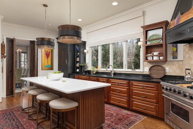 kitchen with a kitchen island, a sink, ornamental molding, luxury range, and open shelves