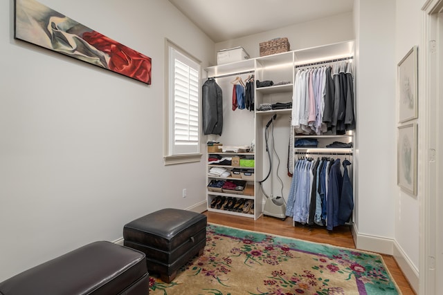 walk in closet with wood finished floors