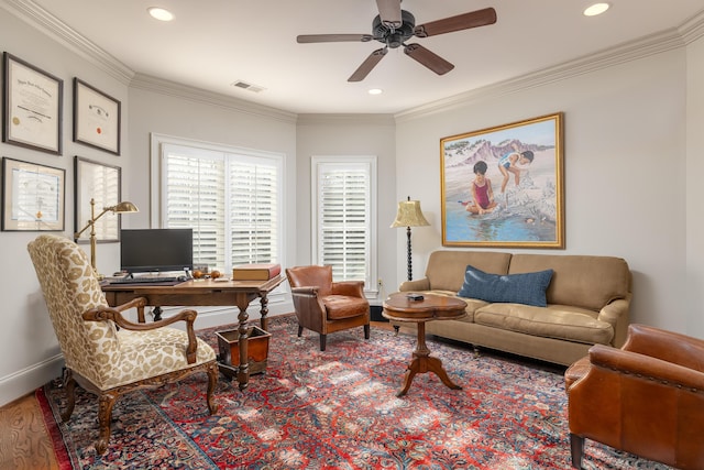 office area featuring ornamental molding, recessed lighting, wood finished floors, and baseboards