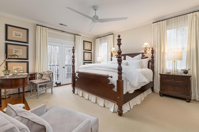 bedroom with access to exterior, visible vents, ornamental molding, light carpet, and ceiling fan