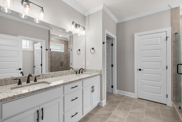 8904 Knolling Loop Unit 33, Ooltewah, TN 37363 - full bathroom featuring ornamental molding, a stall shower, double vanity, baseboards, and tile patterned floors