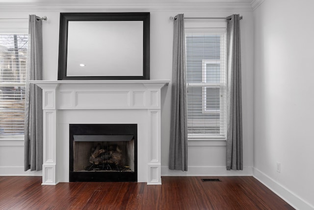 details featuring visible vents, a fireplace, baseboards, and wood finished floors