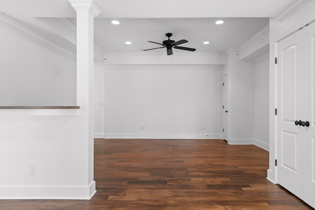 unfurnished room with dark wood-type flooring, recessed lighting, crown molding, and ceiling fan