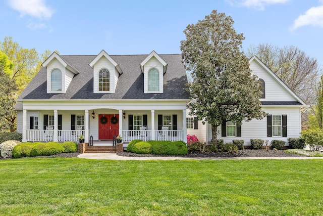 cape cod home featuring a shingled roof, a front lawn, and covered porch