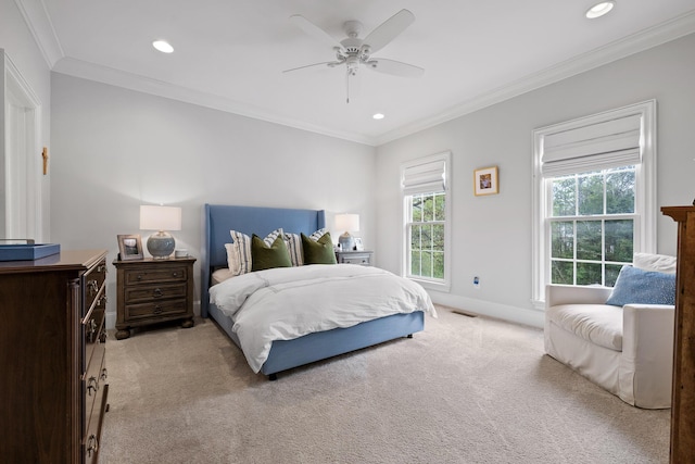 bedroom featuring visible vents, baseboards, recessed lighting, and light colored carpet