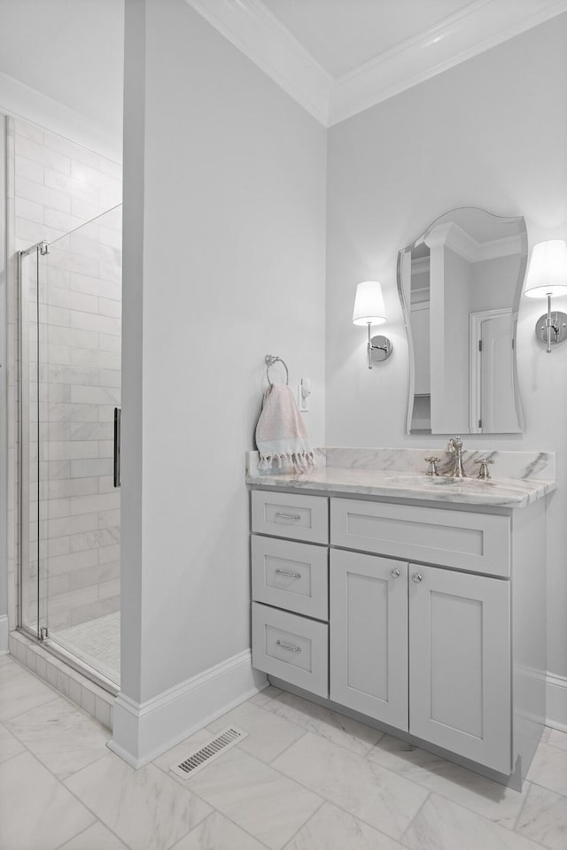 bathroom with a shower stall, marble finish floor, visible vents, crown molding, and baseboards