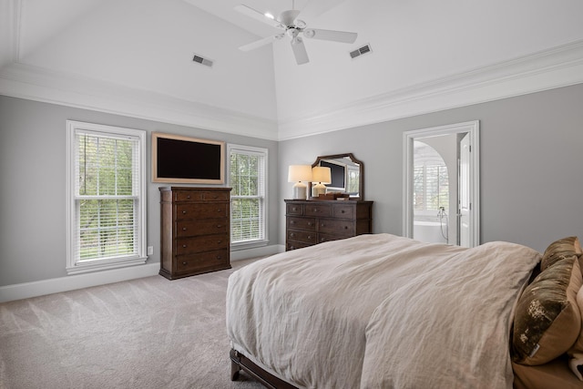 bedroom featuring carpet floors, visible vents, high vaulted ceiling, and multiple windows