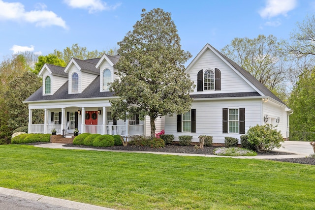 cape cod house featuring an attached garage, a porch, a front yard, and a shingled roof