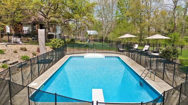 view of swimming pool with fence and a fenced in pool