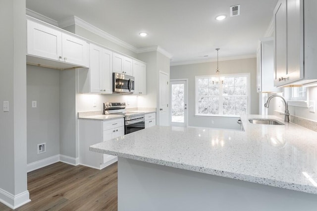 186 Andros Dr Unit 20D, Dalton, GA 30721 - kitchen featuring kitchen peninsula, hanging light fixtures, sink, appliances with stainless steel finishes, and white cabinets