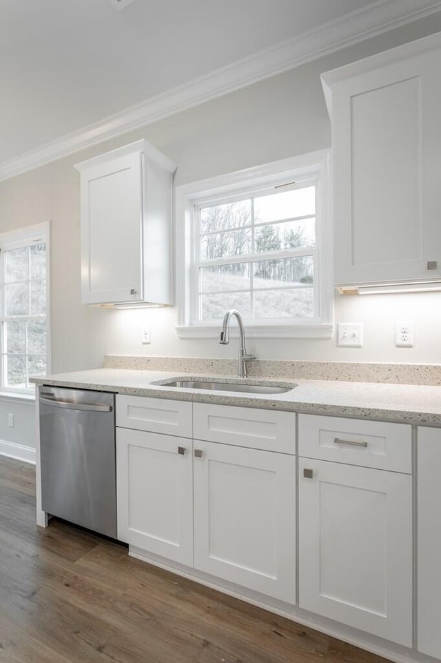 186 Andros Dr Unit 20D, Dalton, GA 30721 - kitchen featuring sink, crown molding, stainless steel dishwasher, and white cabinetry