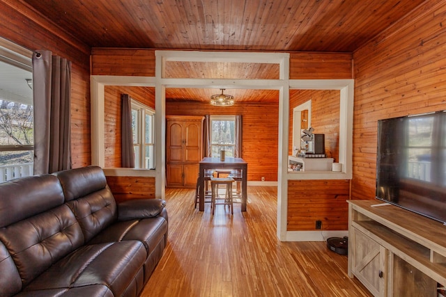 living area featuring wood ceiling, wood walls, and light wood finished floors