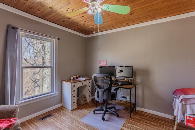 office with wood ceiling, light wood-style flooring, visible vents, and ornamental molding