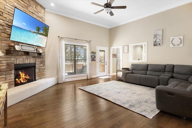55 E Acorn Dr, Rock Spring, GA 30739 - living room with ceiling fan, a fireplace, ornamental molding, a towering ceiling, and wood finished floors