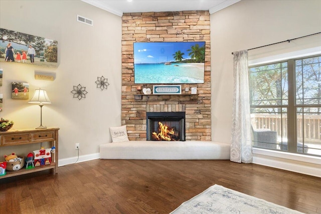 55 E Acorn Dr, Rock Spring, GA 30739 - living area with wood finished floors, baseboards, ornamental molding, and a stone fireplace