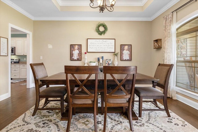 55 E Acorn Dr, Rock Spring, GA 30739 - dining area with dark wood-style floors, a tray ceiling, crown molding, baseboards, and a chandelier