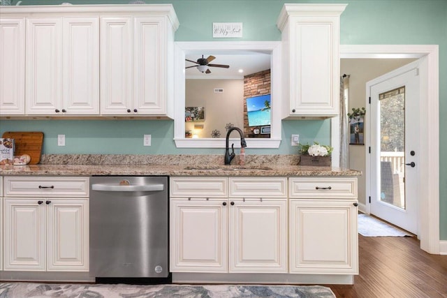 55 E Acorn Dr, Rock Spring, GA 30739 - kitchen with dishwasher, a sink, ceiling fan, wood finished floors, and white cabinets