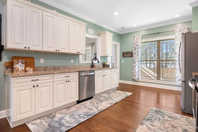 55 E Acorn Dr, Rock Spring, GA 30739 - kitchen featuring stainless steel appliances, wood finished floors, baseboards, light stone countertops, and white cabinets