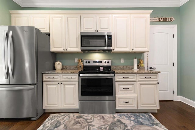 55 E Acorn Dr, Rock Spring, GA 30739 - kitchen featuring stainless steel appliances, crown molding, dark wood-style flooring, light stone countertops, and baseboards