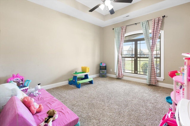 55 E Acorn Dr, Rock Spring, GA 30739 - game room with carpet flooring, a ceiling fan, a raised ceiling, and baseboards