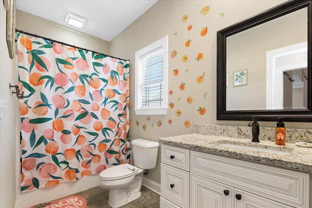 55 E Acorn Dr, Rock Spring, GA 30739 - full bathroom featuring toilet, vanity, tile patterned floors, wallpapered walls, and shower / bath combo with shower curtain