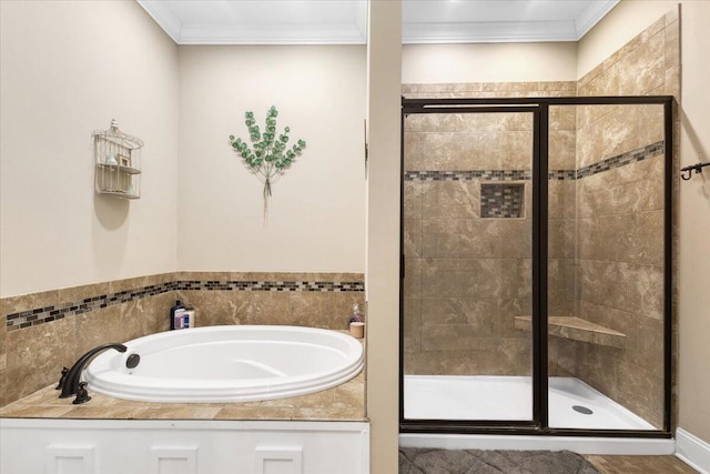 55 E Acorn Dr, Rock Spring, GA 30739 - bathroom featuring a stall shower, a garden tub, and ornamental molding