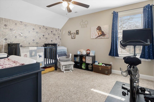 55 E Acorn Dr, Rock Spring, GA 30739 - bedroom featuring carpet floors, a crib, vaulted ceiling, baseboards, and a ceiling fan