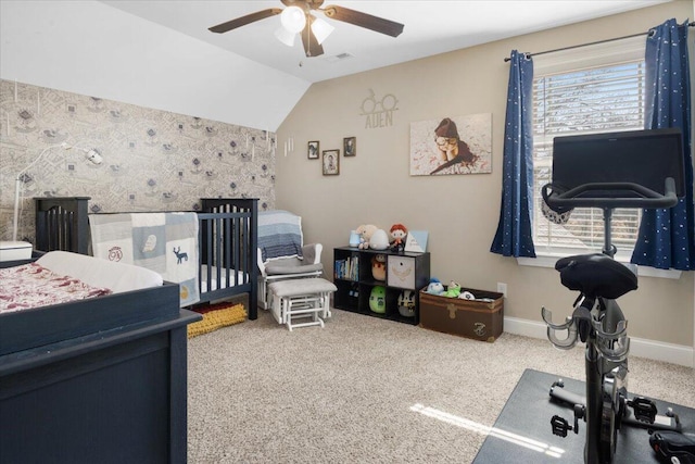 55 E Acorn Dr, Rock Spring, GA 30739 - bedroom with a nursery area, carpet, vaulted ceiling, ceiling fan, and baseboards