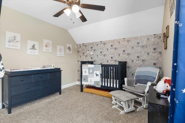55 E Acorn Dr, Rock Spring, GA 30739 - bedroom with light carpet, vaulted ceiling, a crib, and ceiling fan