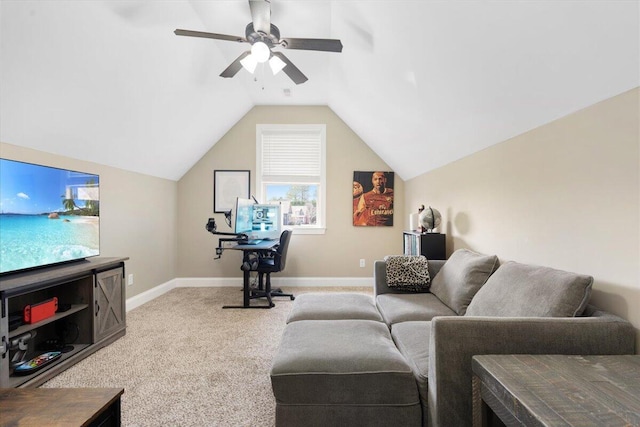 55 E Acorn Dr, Rock Spring, GA 30739 - living room with light carpet, lofted ceiling, a ceiling fan, and baseboards