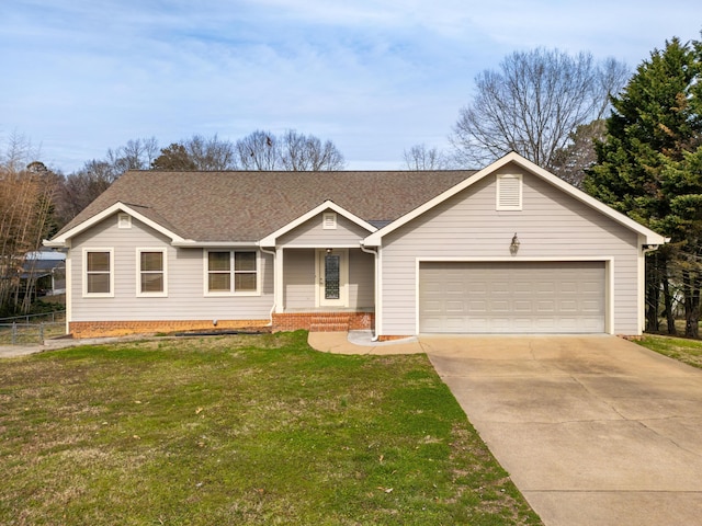 ranch-style home with a front yard, roof with shingles, driveway, and an attached garage