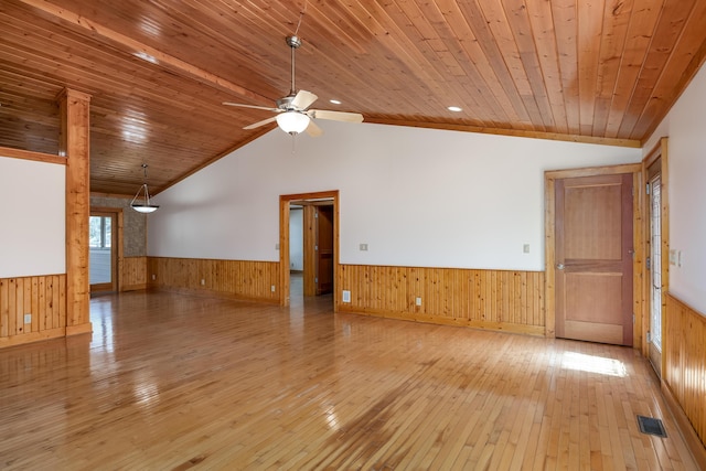 unfurnished room with wooden ceiling, wainscoting, and visible vents