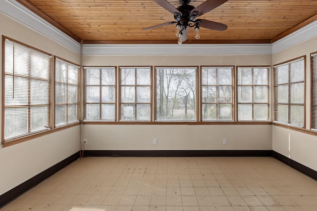 unfurnished sunroom with plenty of natural light and wooden ceiling