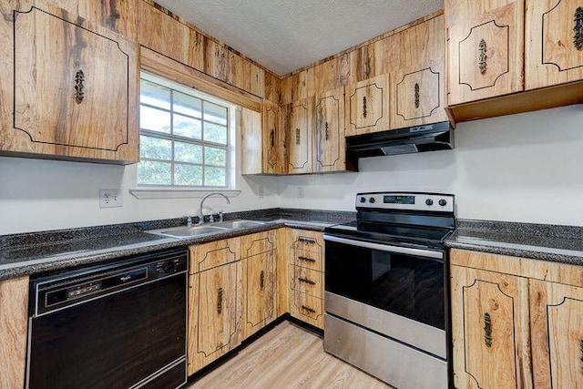 kitchen featuring a textured ceiling, under cabinet range hood, a sink, dishwasher, and stainless steel electric range oven