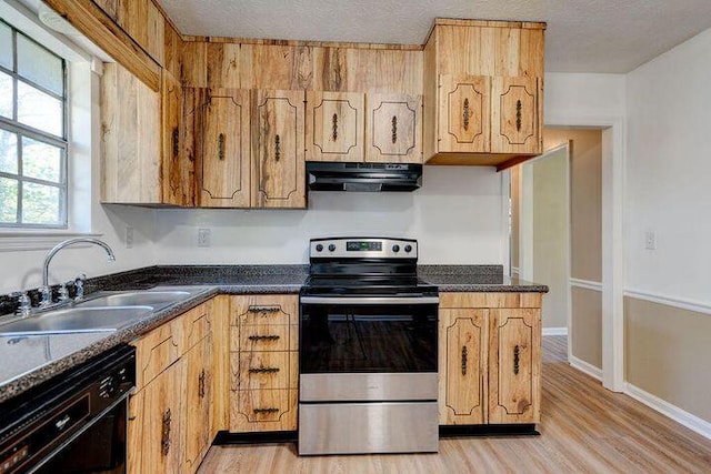 kitchen with under cabinet range hood, a sink, electric stove, dishwasher, and light wood finished floors