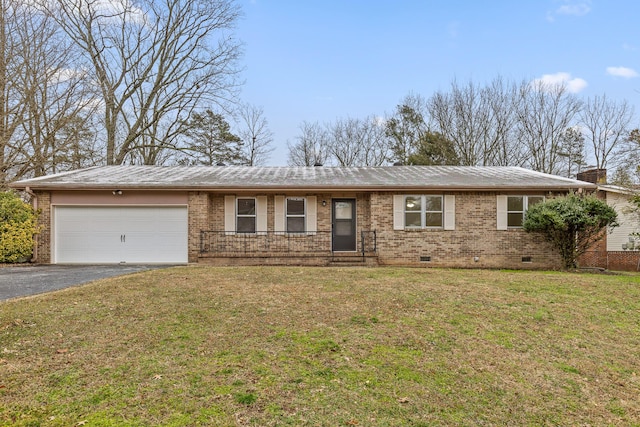 single story home with driveway, brick siding, crawl space, and an attached garage