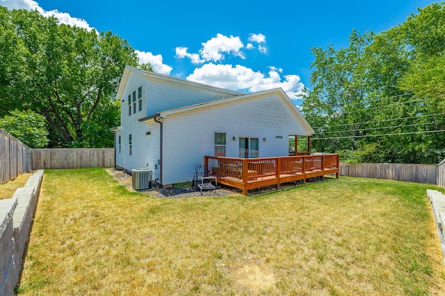 rear view of house featuring central AC, a fenced backyard, a lawn, and a deck