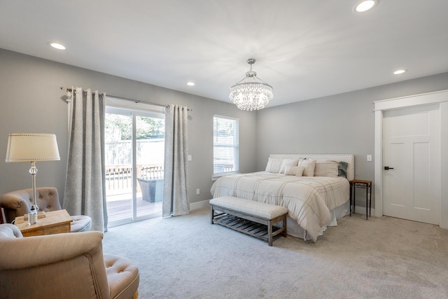 bedroom with light carpet, access to exterior, baseboards, and recessed lighting