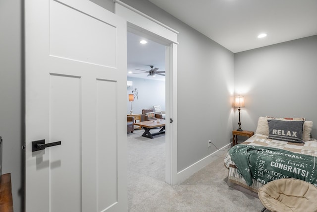 bedroom with light carpet, baseboards, and recessed lighting