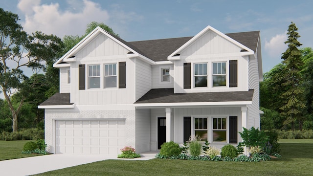 view of front of property featuring an attached garage, brick siding, roof with shingles, a front lawn, and board and batten siding